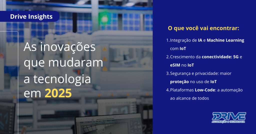 magem dividida em dois blocos. À esquerda, fundo desfocado de uma fábrica automatizada com máquinas industriais e um painel de controle em primeiro plano. No topo esquerdo aparece o selo “Drive Insights”. Em destaque, o texto: “As inovações que mudaram a tecnologia em 2025”, com o ano 2025 em amarelo. À direita, fundo azul com o título “O que você vai encontrar:” seguido de uma lista: integração de IA e Machine Learning com IoT; crescimento da conectividade com 5G e eSIM no IoT; segurança e privacidade com maior proteção no uso de IoT; e plataformas low-code tornando a automação mais acessível. No canto inferior direito está o logotipo da Drive Automação & Tecnologia.